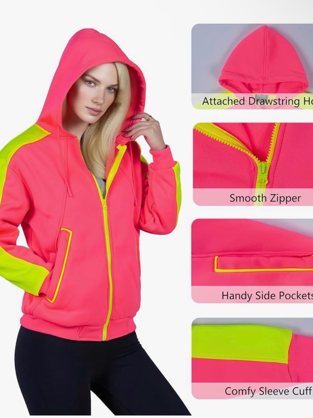 Neon Pink & Lime Green Yellow Zip-Up Hoodie - Fleece